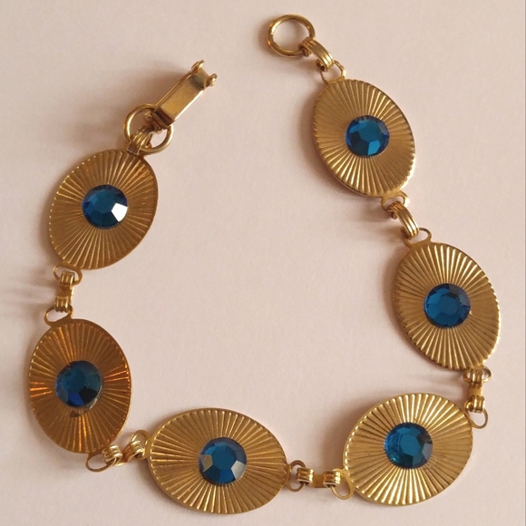 Vintage Jewelry - Relisted - Vintage blue and gold tone linked ovals bracelet rhinestones